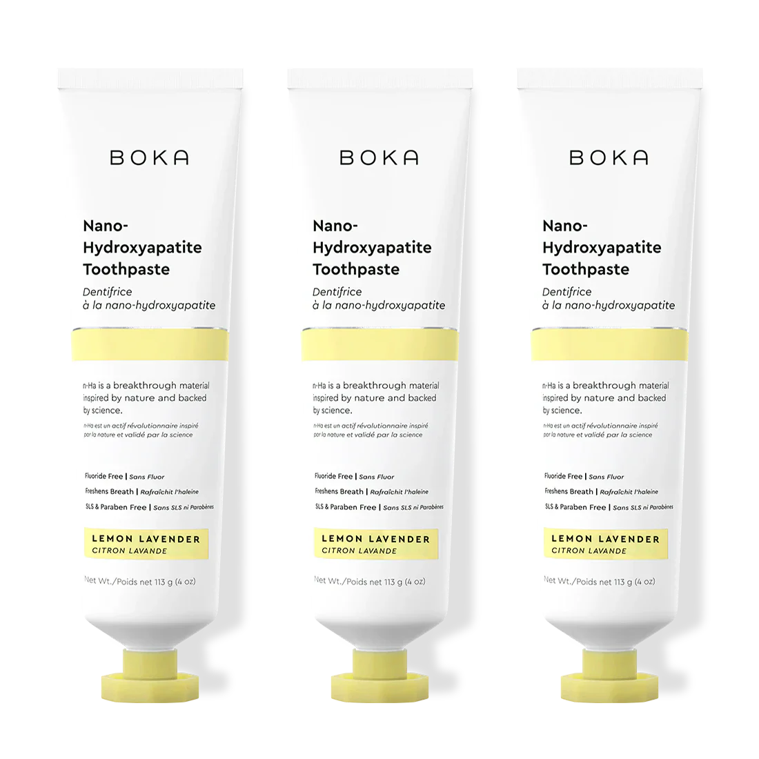 Three tubes of Boka Nano-Hydroxyapatite Toothpaste with lemon lavender flavor on a white background.