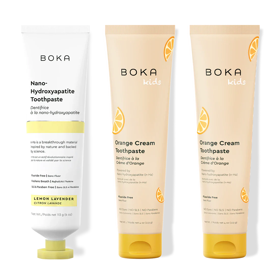 Three bottles of Boka Nano-Hydroxyapatite Toothpaste on a white background