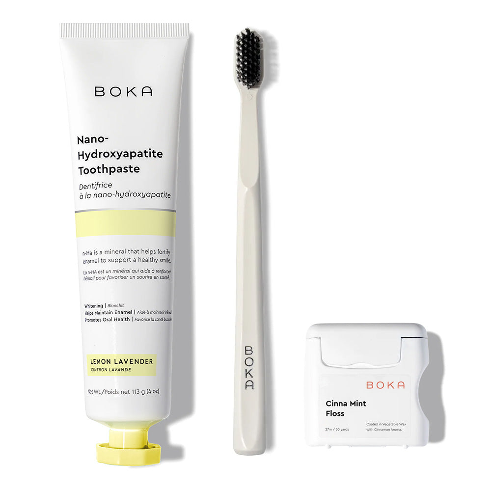 Classic Kit: nano-hydroxyapatite toothpaste, black charcoal brush, and teflon-free floss.