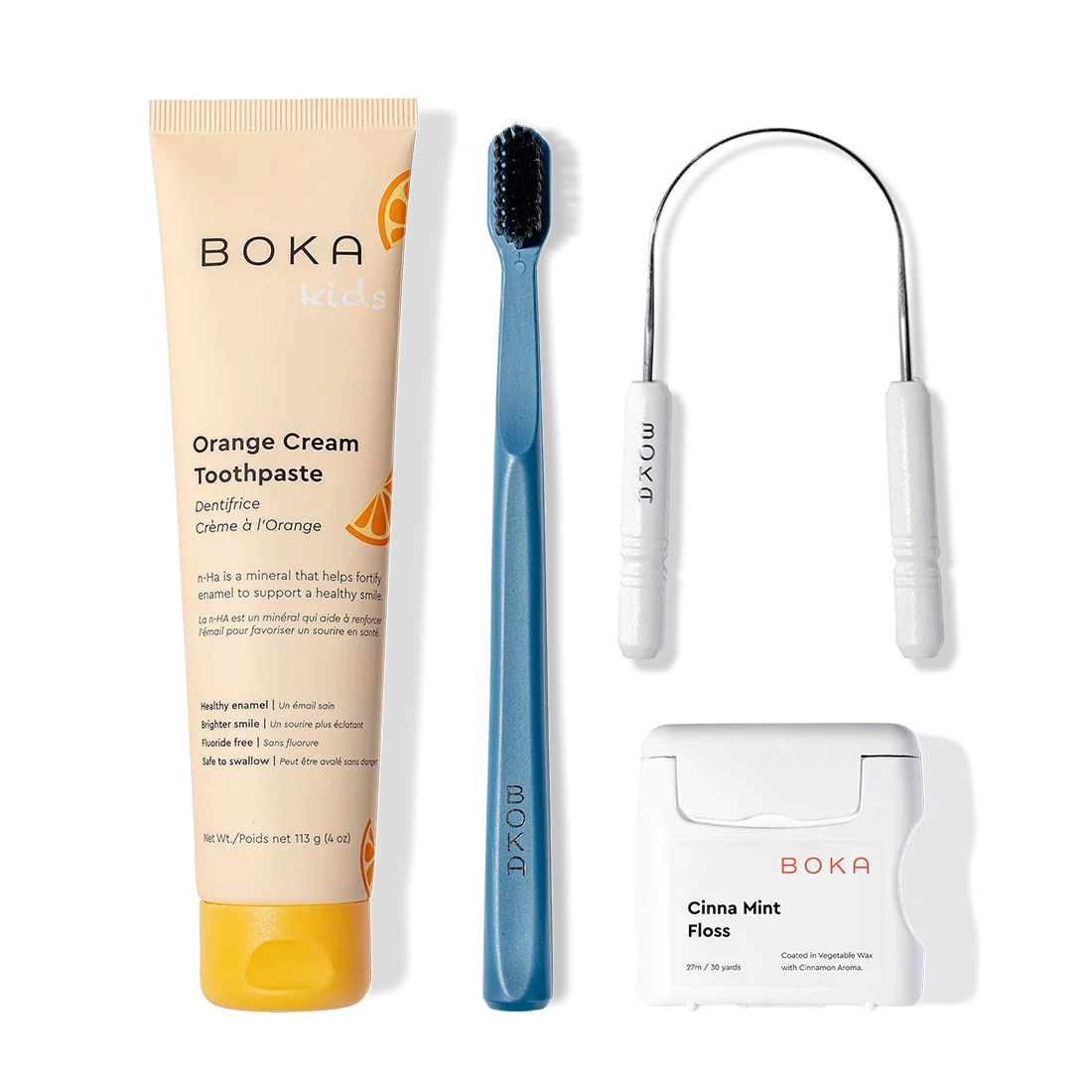 Starter Kit with nano-hydroxyapatite toothpaste, blue charcoal brush, tongue cleaner & Cinna Mint floss.