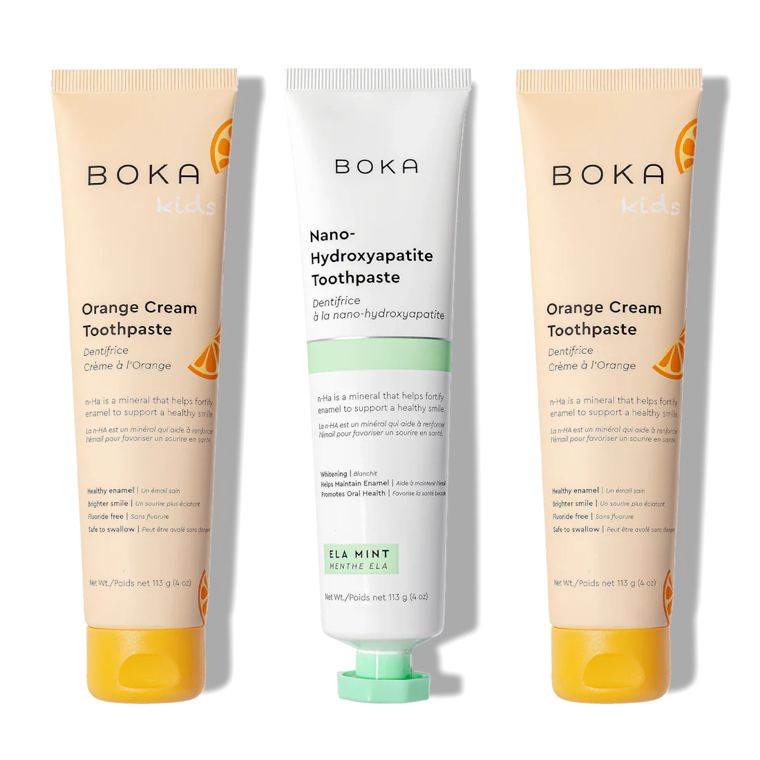 Boka n-Ha Toothpaste 3-Pack: 2 Orange Cream for kids, 1 Ela Mint nano-hydroxyapatite.