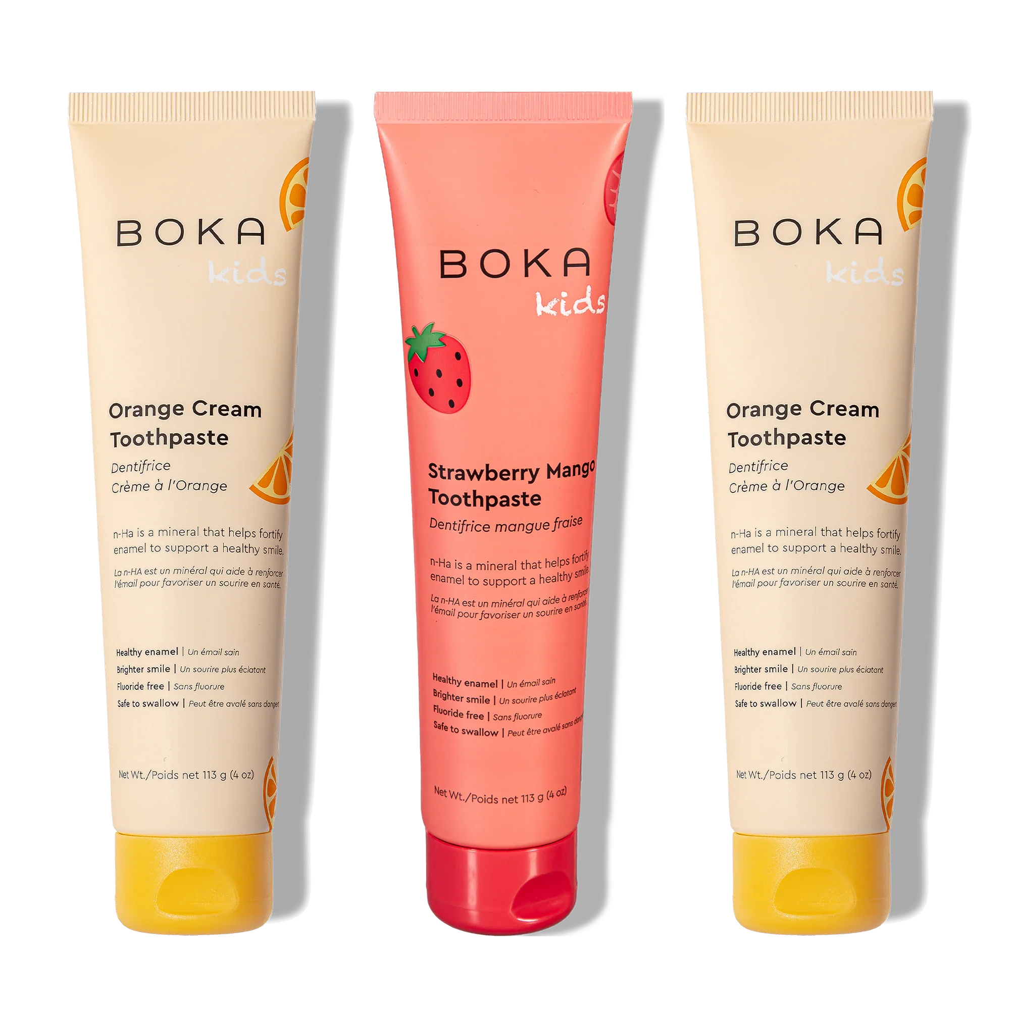 Three bottles of Boka Nano-Hydroxyapatite Toothpaste on a white background