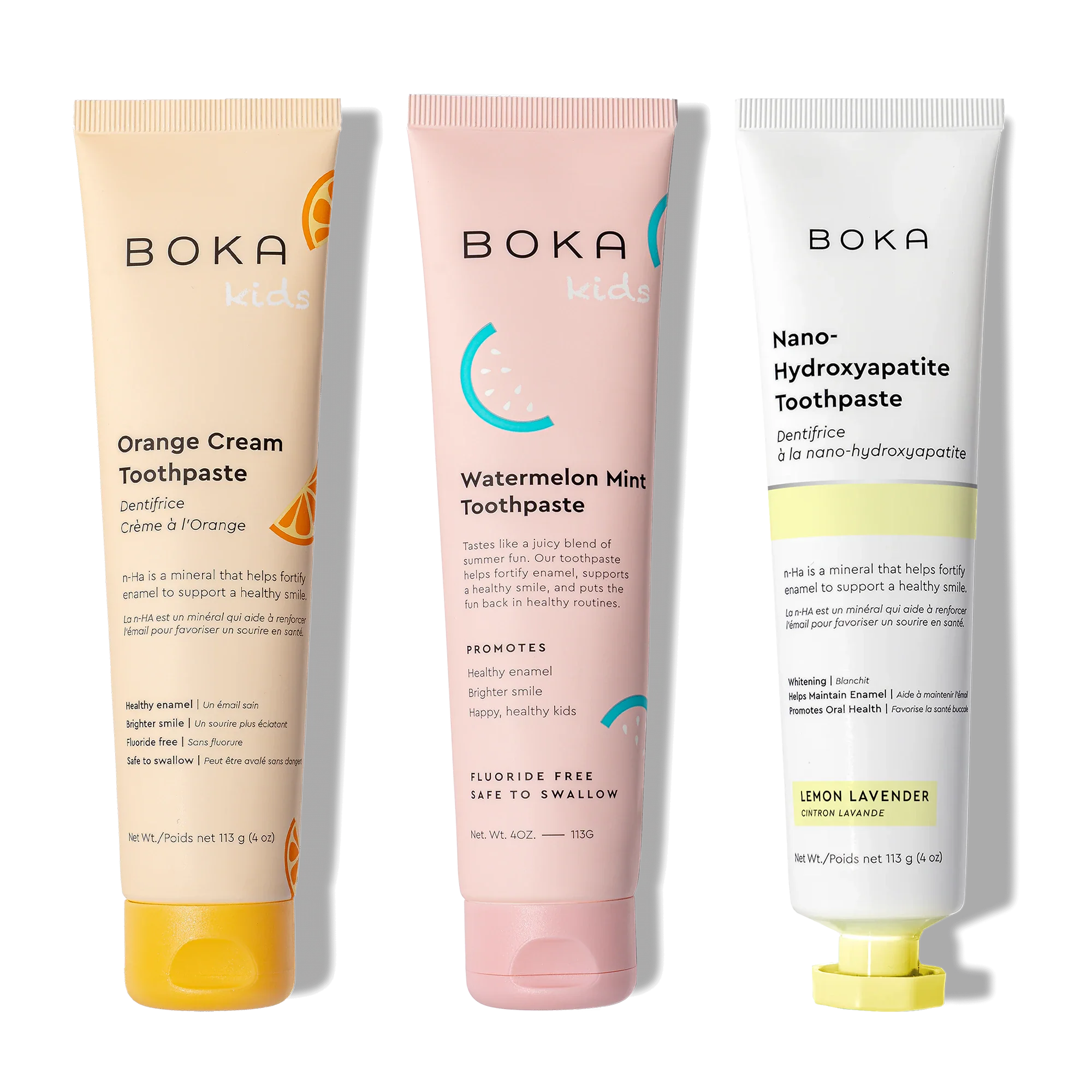 Three bottles of Boka Nano-Hydroxyapatite Toothpaste on a white background