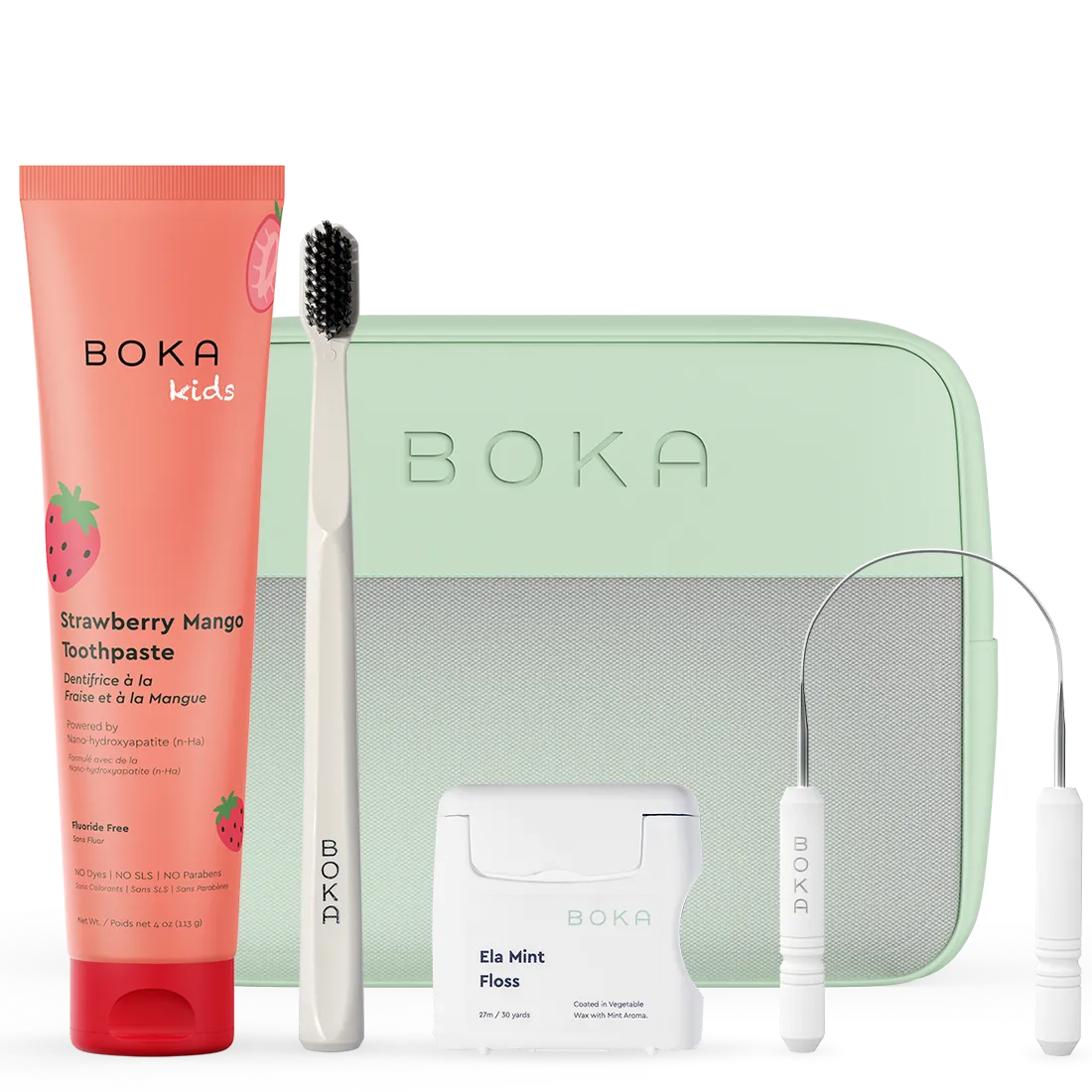 Boka dental care products including toothpaste, toothbrush, floss, and case on a white background