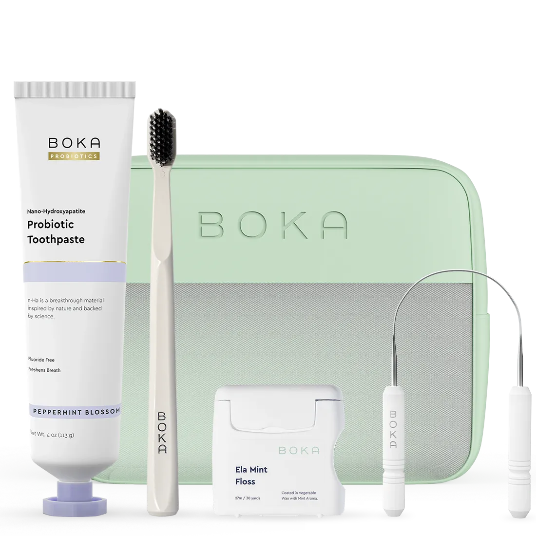 Boka dental care products including toothpaste, toothbrush, floss, and case on a white background