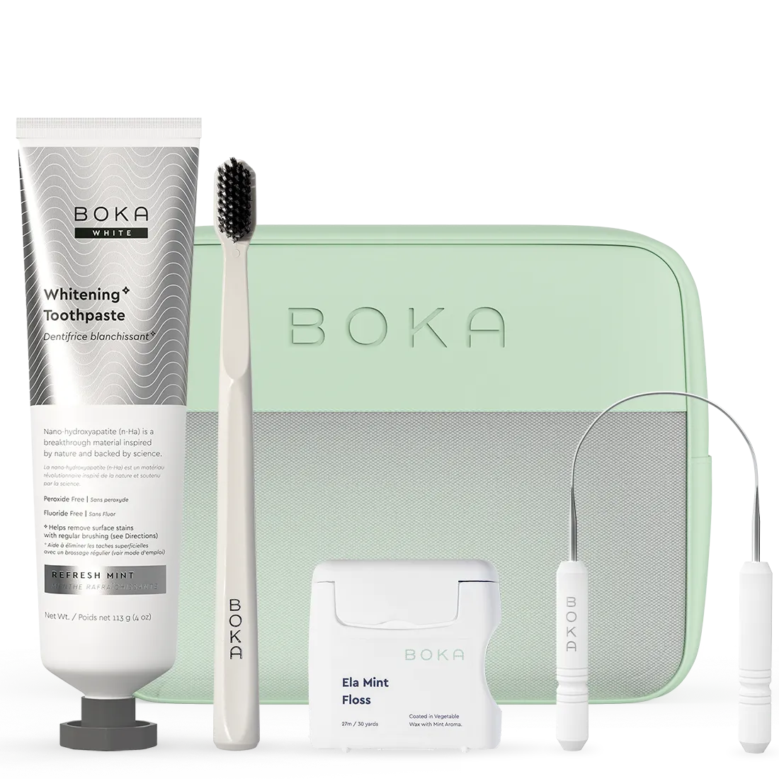 Boka dental care products including toothpaste, toothbrush, floss, and case on a white background