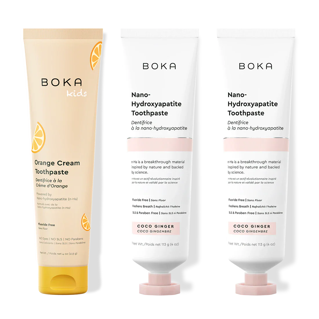 Three bottles of Boka Nano-Hydroxyapatite Toothpaste on a white background