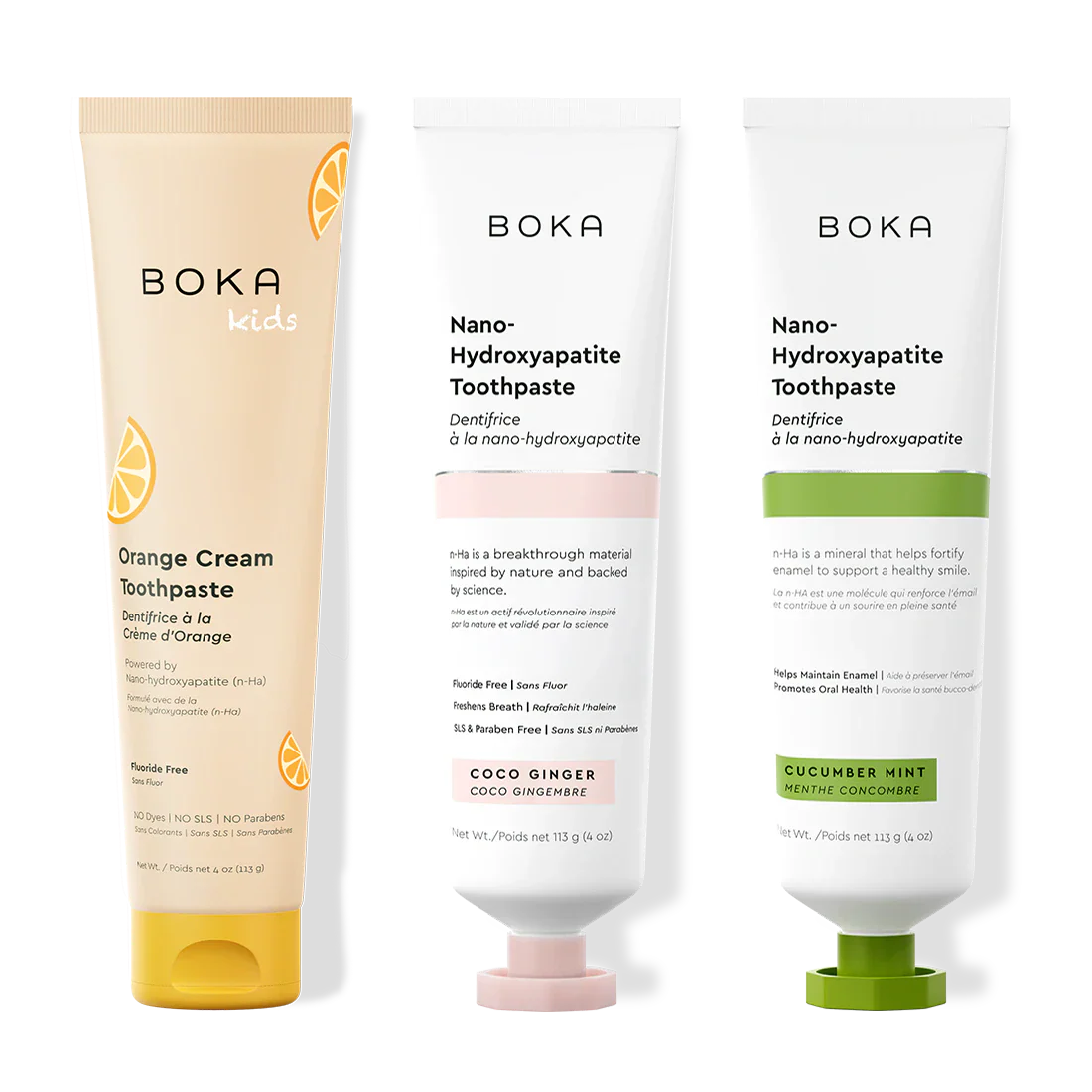 Three bottles of Boka Nano-Hydroxyapatite Toothpaste on a white background