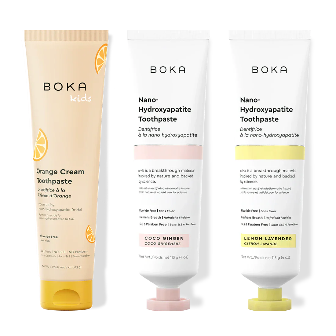 Three bottles of Boka Nano-Hydroxyapatite Toothpaste on a white background