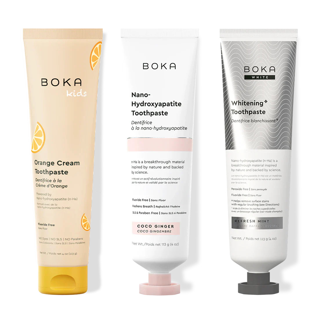 Three bottles of Boka Nano-Hydroxyapatite Toothpaste on a white background