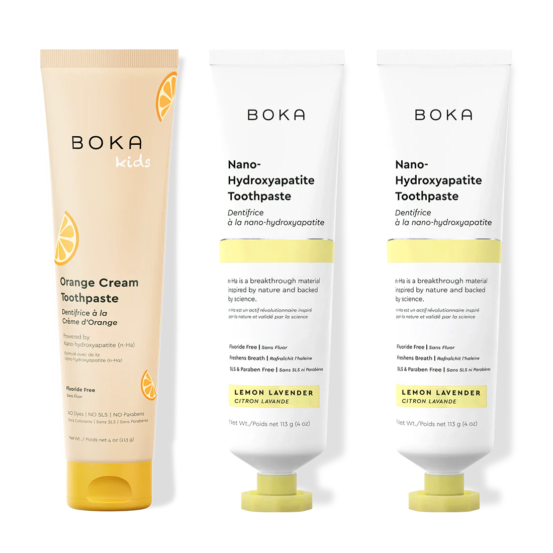 Three tubes of Boka Nano-Hydroxyapatite Toothpaste on a white background