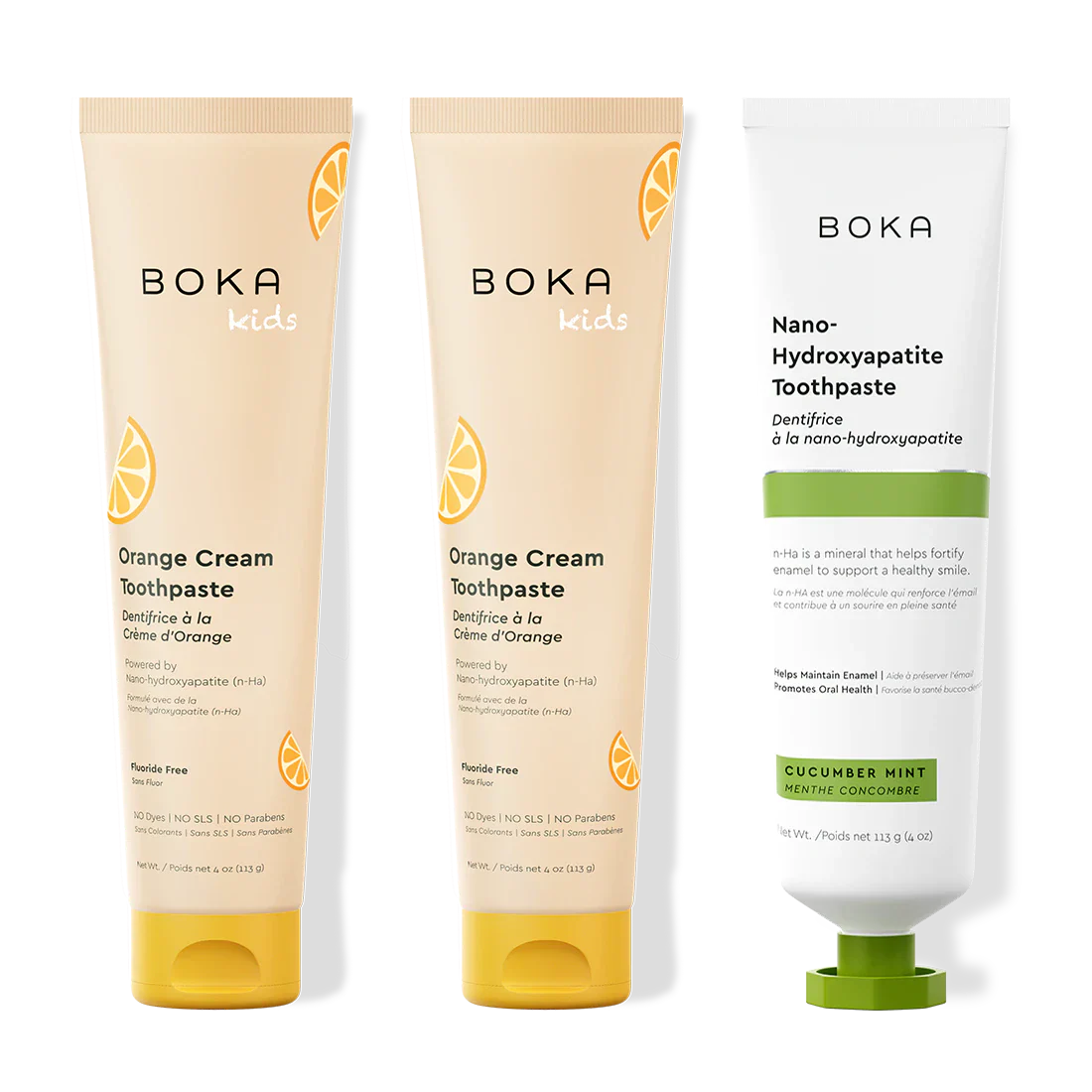 Three bottles of Boka Nano-Hydroxyapatite Toothpaste on a white background