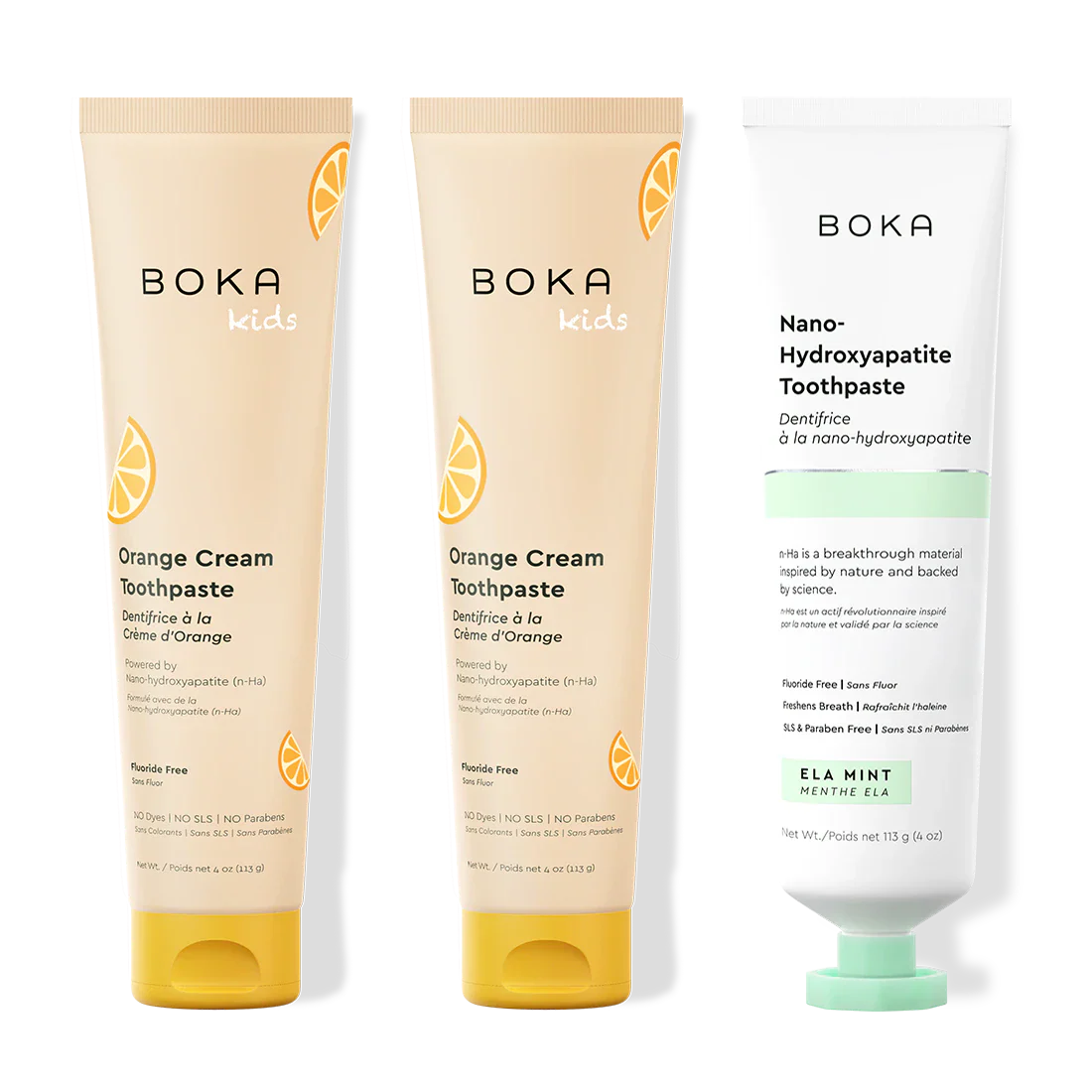 Three tubes of Boka Nano-Hydroxyapatite Toothpaste on a white background