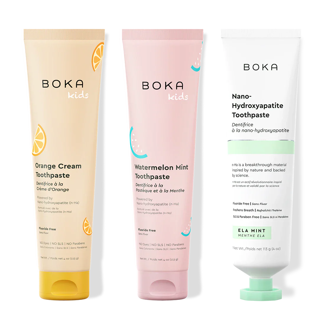 Three tubes of Boka Nano-Hydroxyapatite Toothpaste on a white background