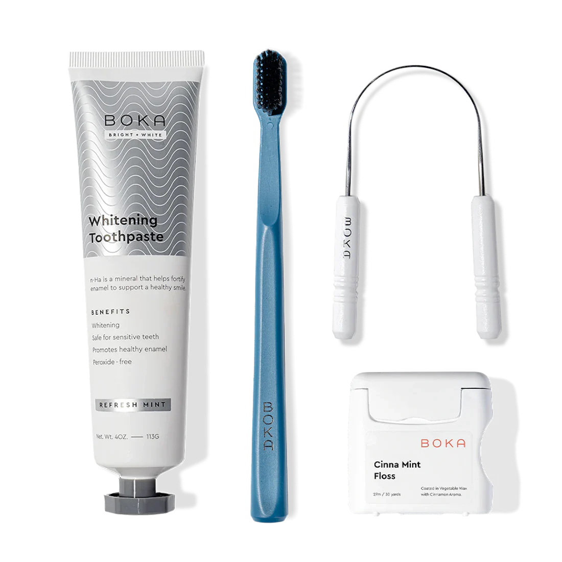 The Starter Kit includes toothpaste, a charcoal toothbrush, a floss pick, and Cinna Mint floss.