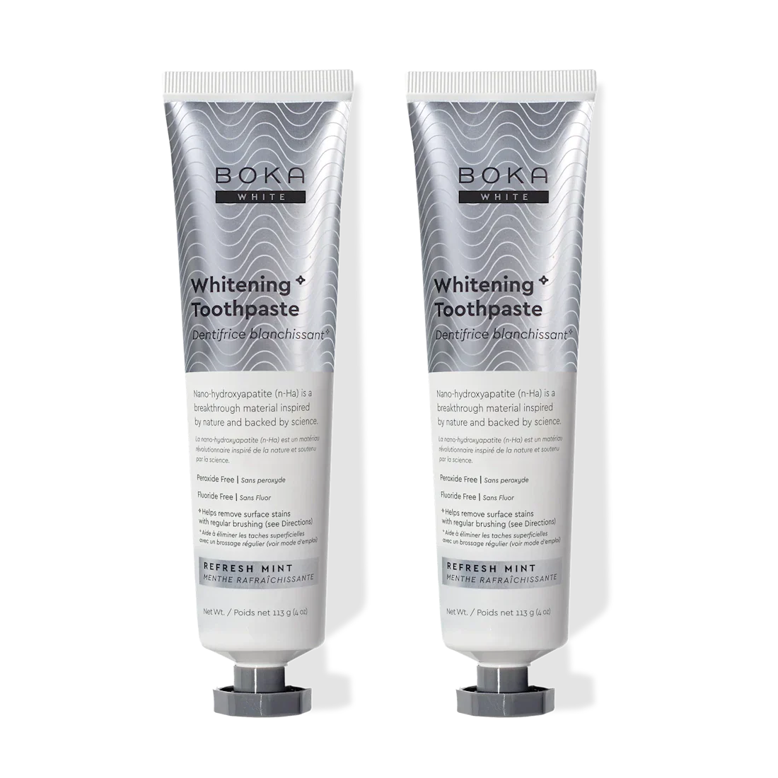 Two tubes of Boka Whitening Toothpaste on a white background
