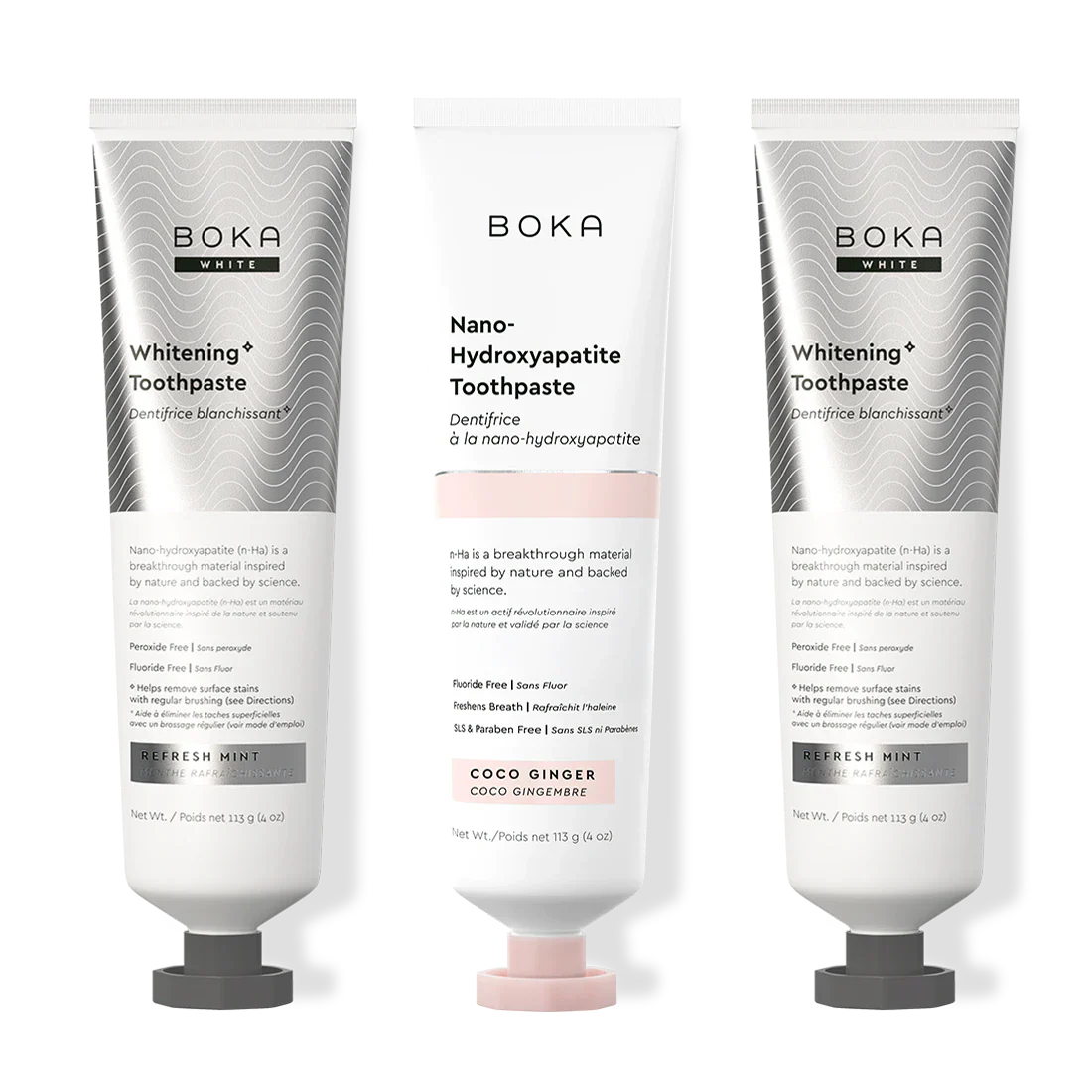 Three bottles of Boka Nano-Hydroxyapatite Toothpaste on a white background