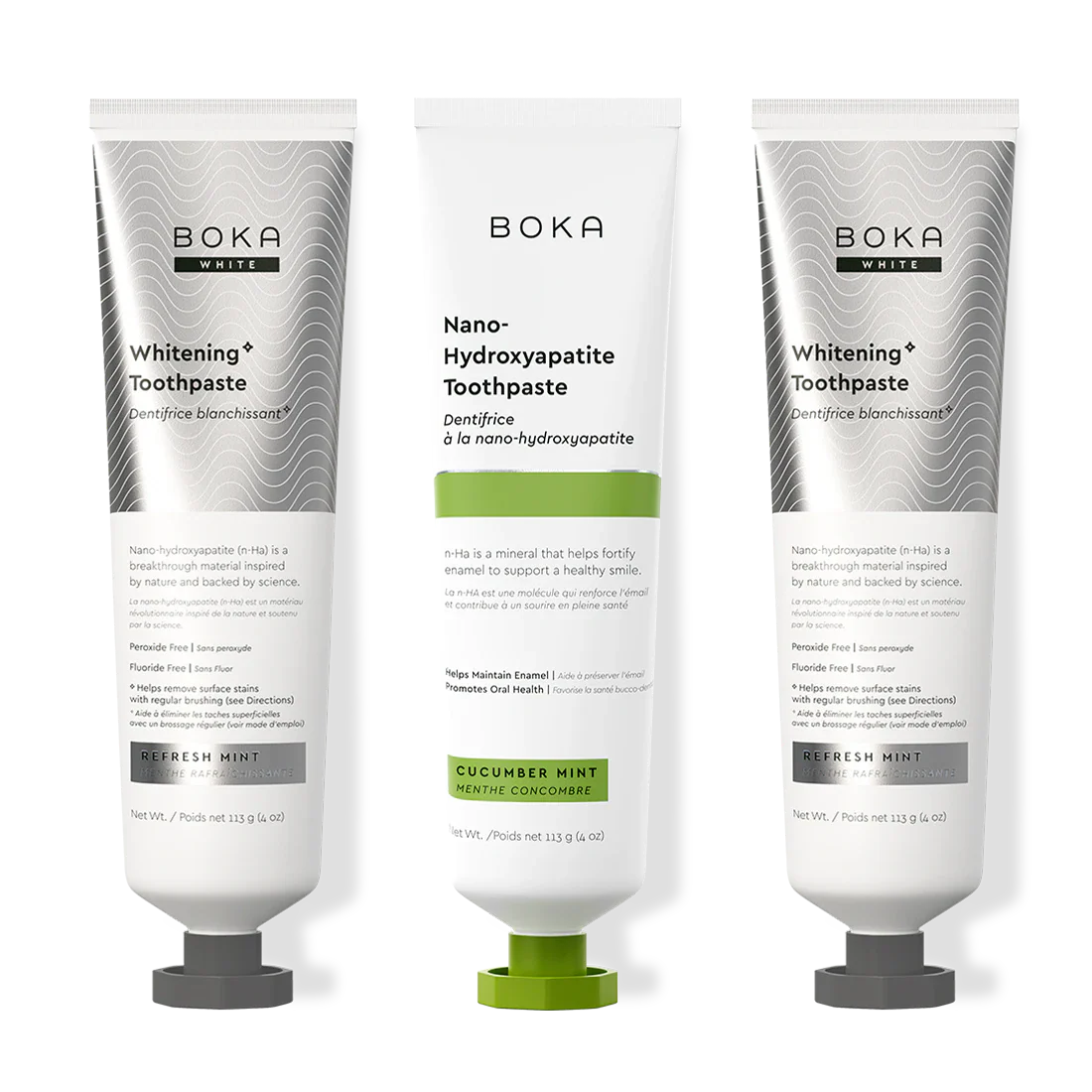 Three bottles of Boka Nano-Hydroxyapatite Toothpaste on a white background