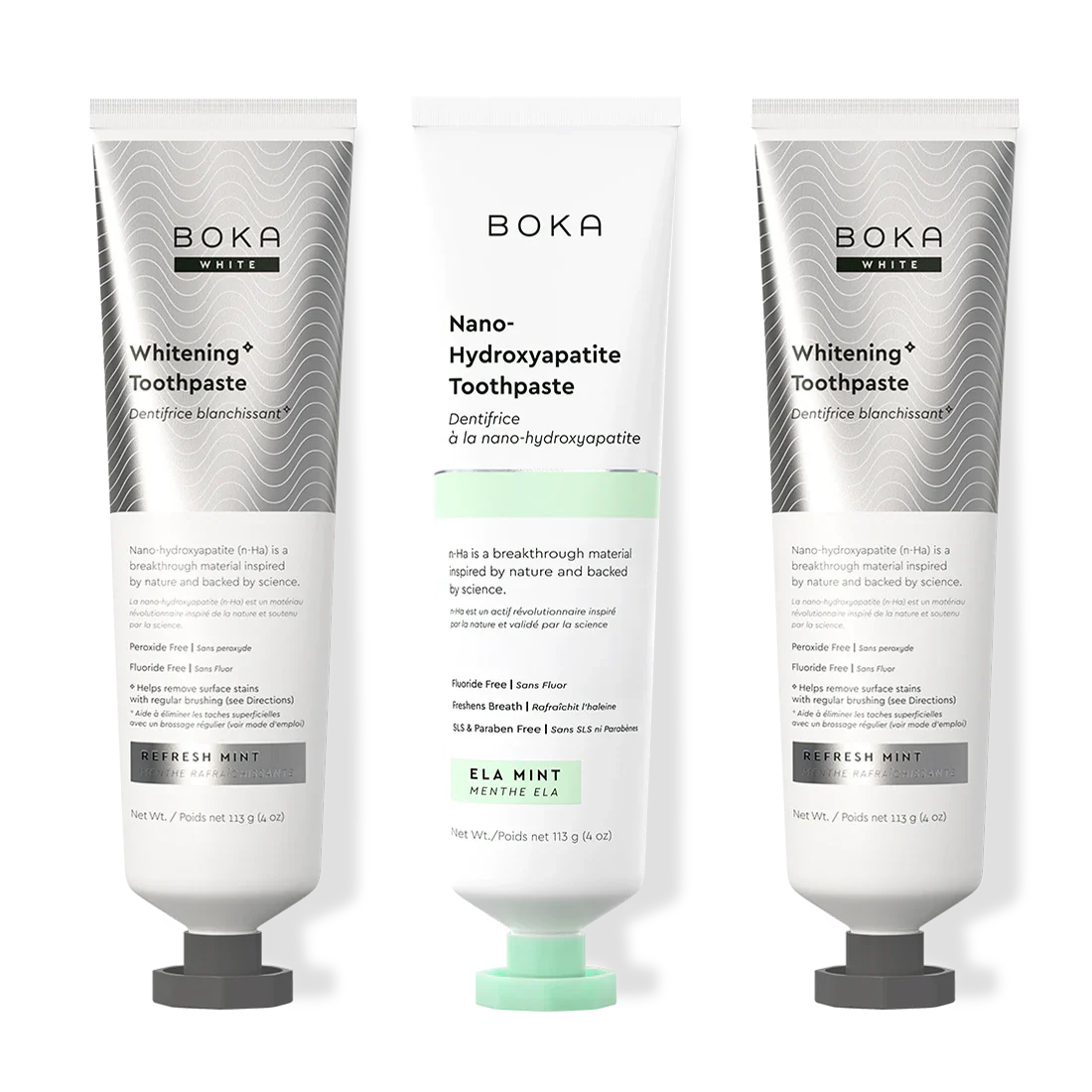 Three bottles of Boka Nano-Hydroxyapatite Toothpaste on a white background