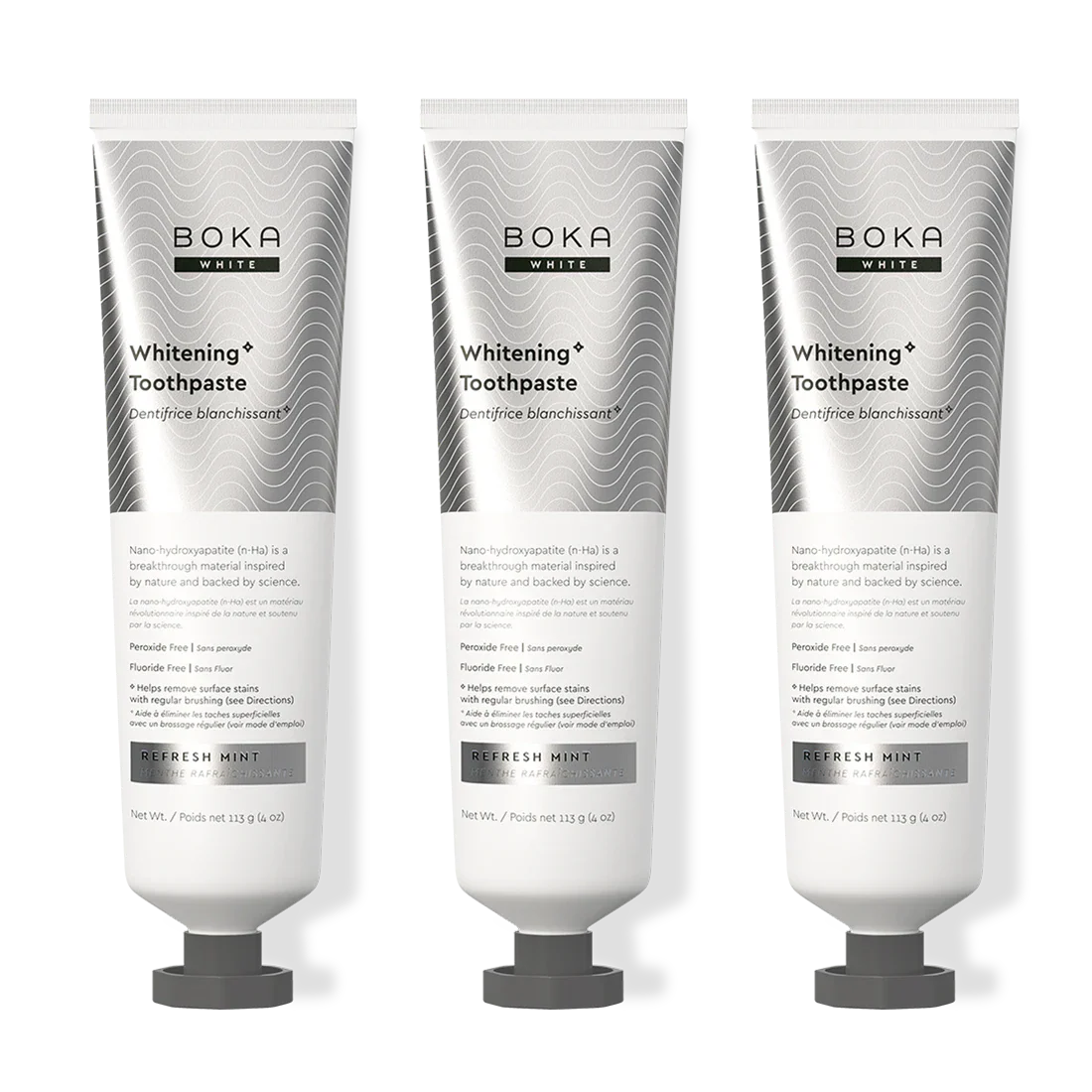 Three bottles of Boka Nano-Hydroxyapatite Toothpaste on a white background