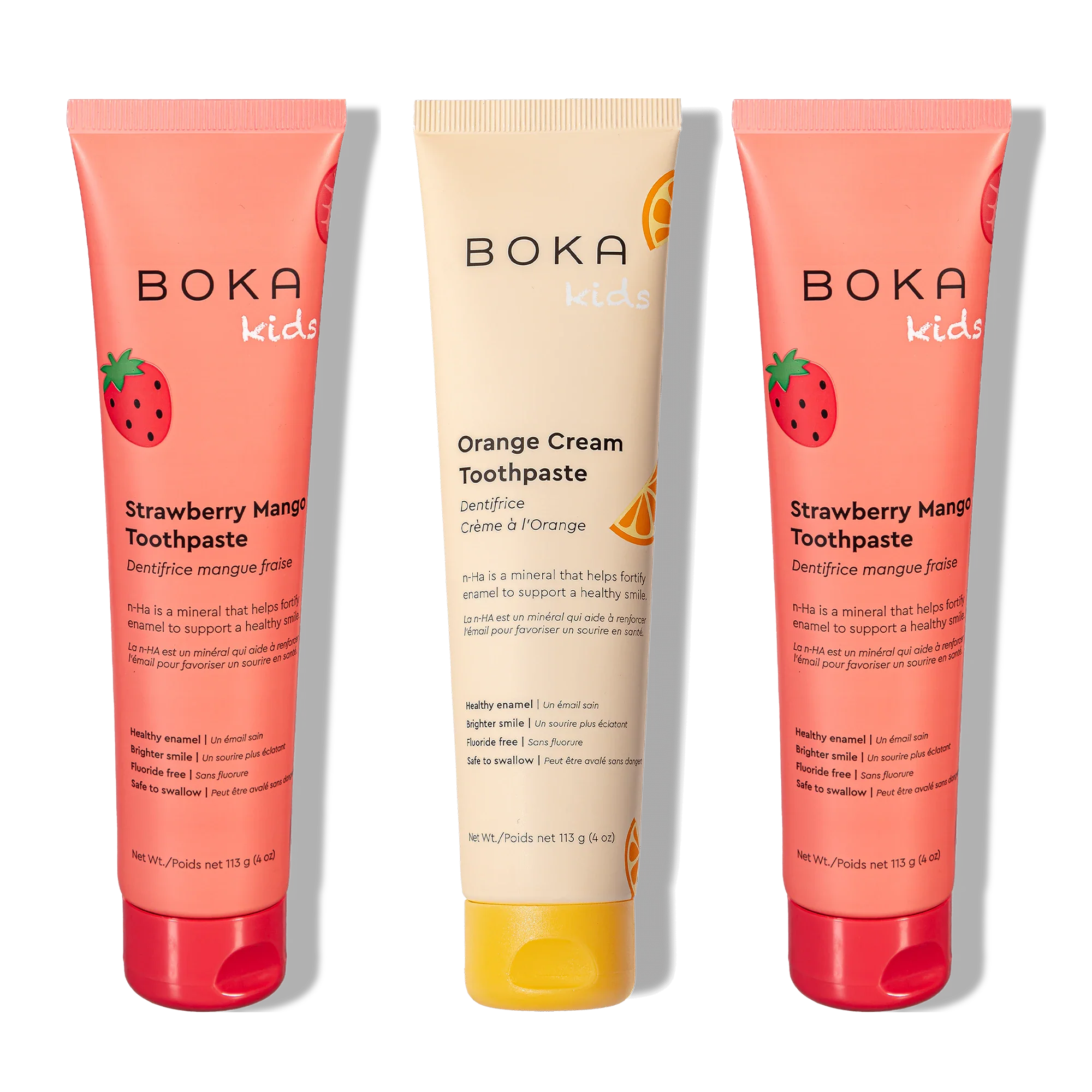 Three bottles of Boka Nano-Hydroxyapatite Toothpaste on a white background