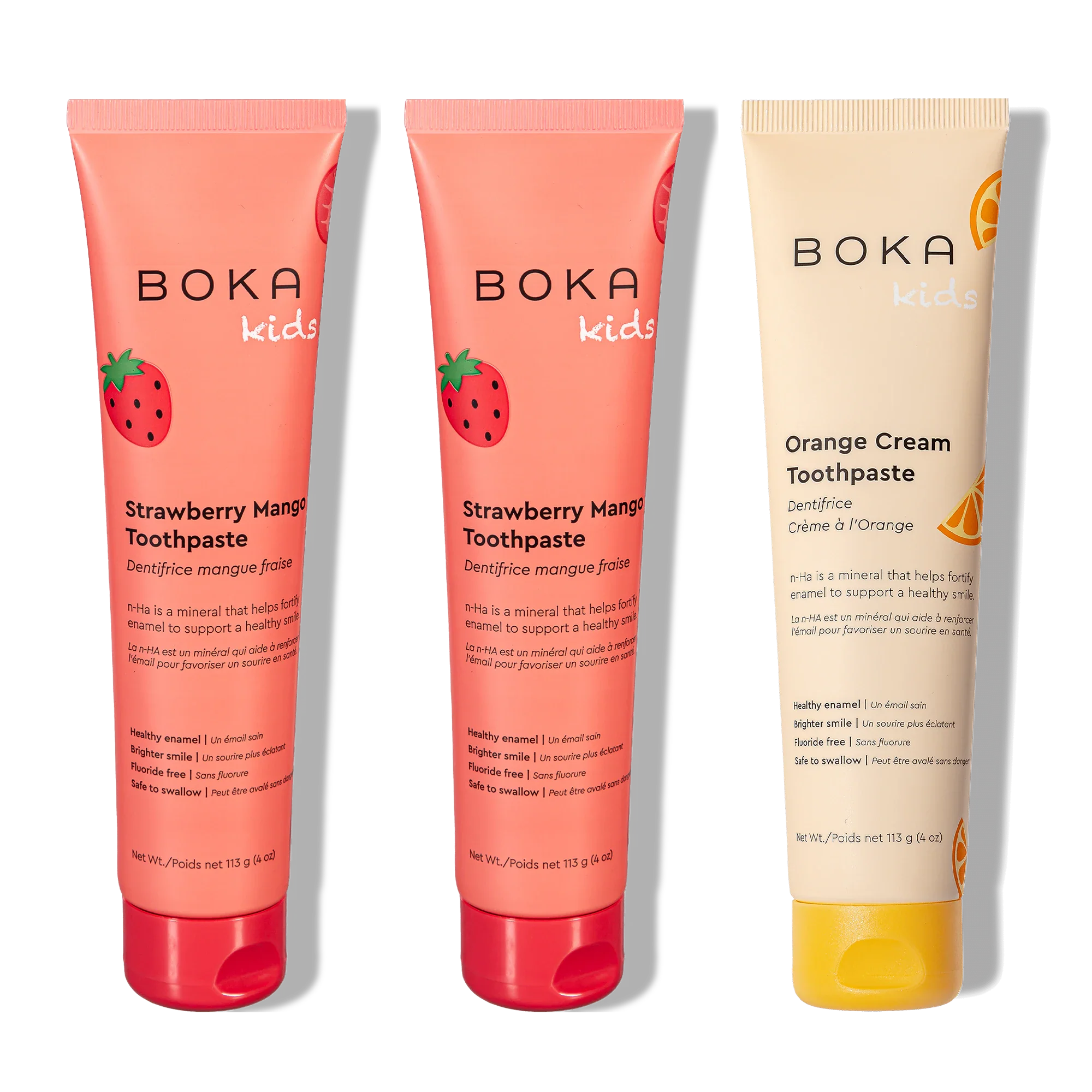 Three tubes of Boka Nano-Hydroxyapatite Toothpaste on a white background