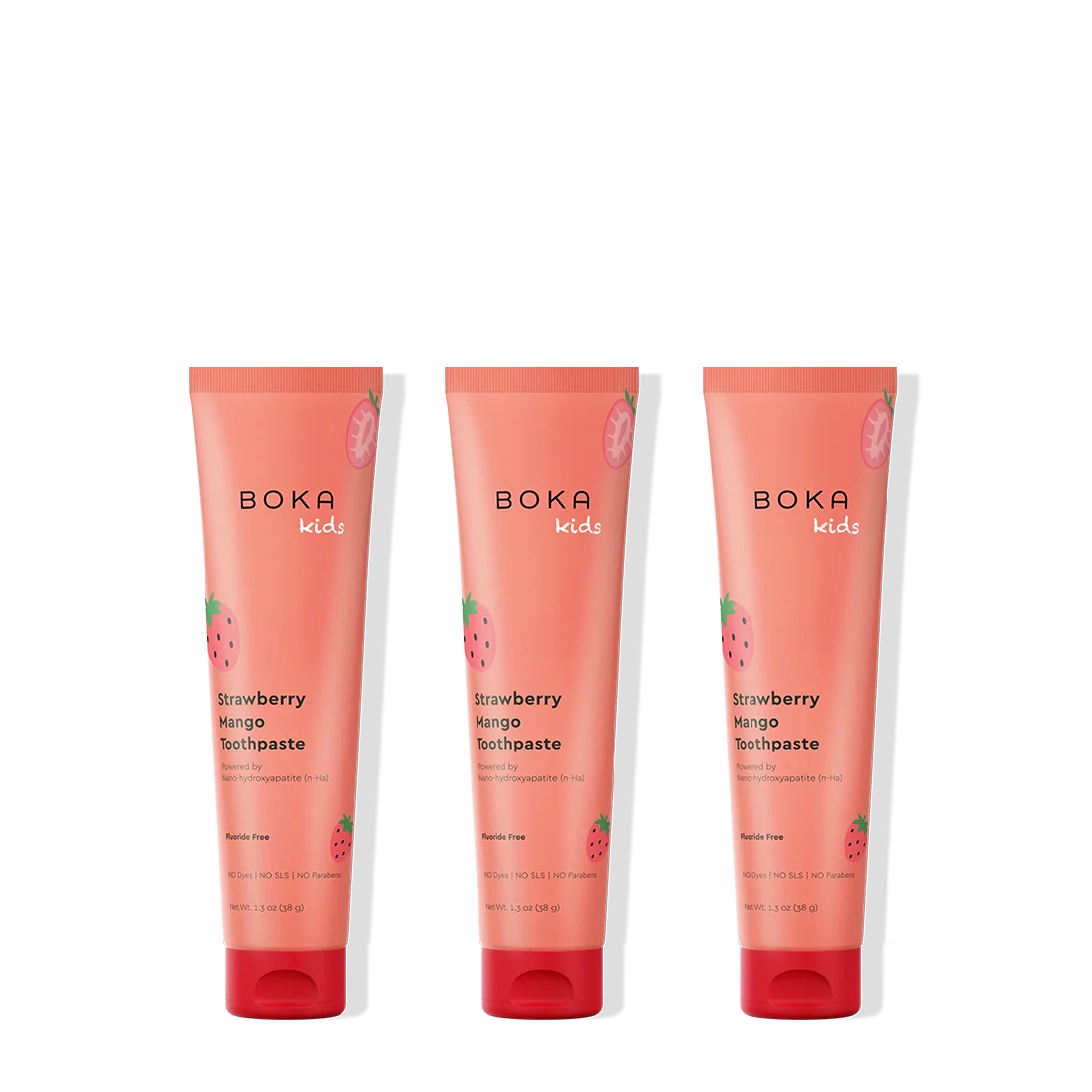Three tubes of Boka Kids Strawberry Mango toothpaste on a white background