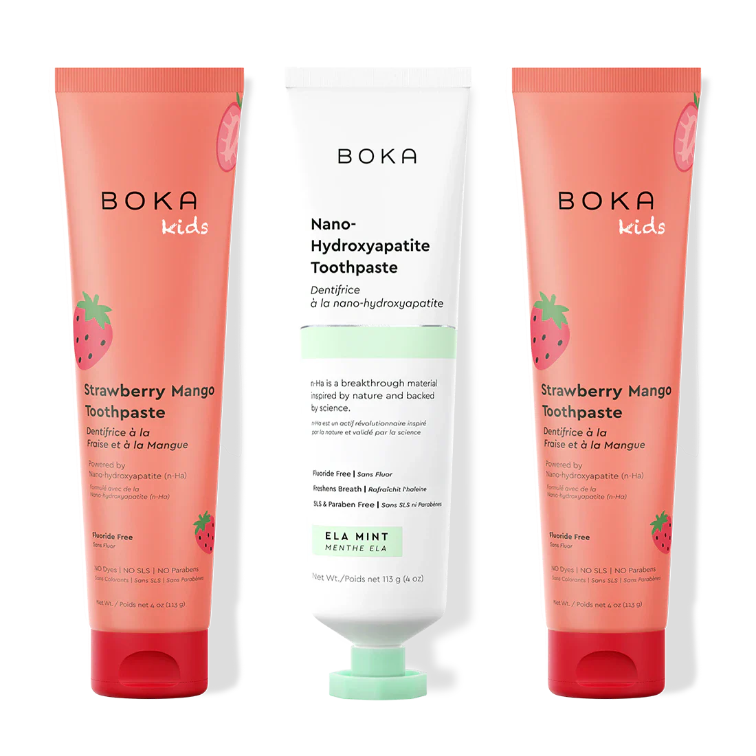Three tubes of Boka Nano-Hydroxyapatite Toothpaste on a white background