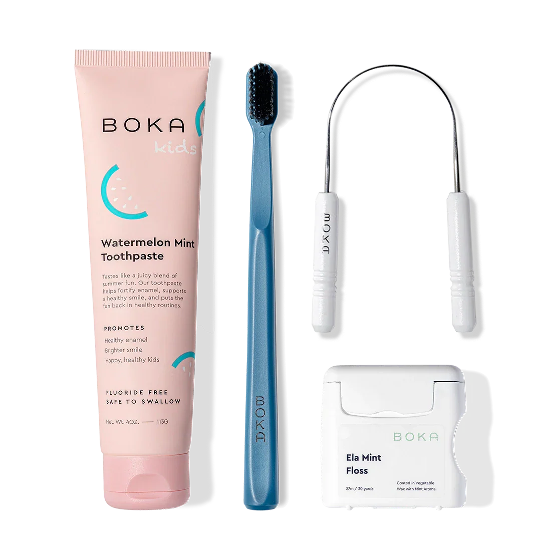 Starter Kit: kids toothpaste, blue charcoal-bristle toothbrush, mint floss, and tongue cleaner.