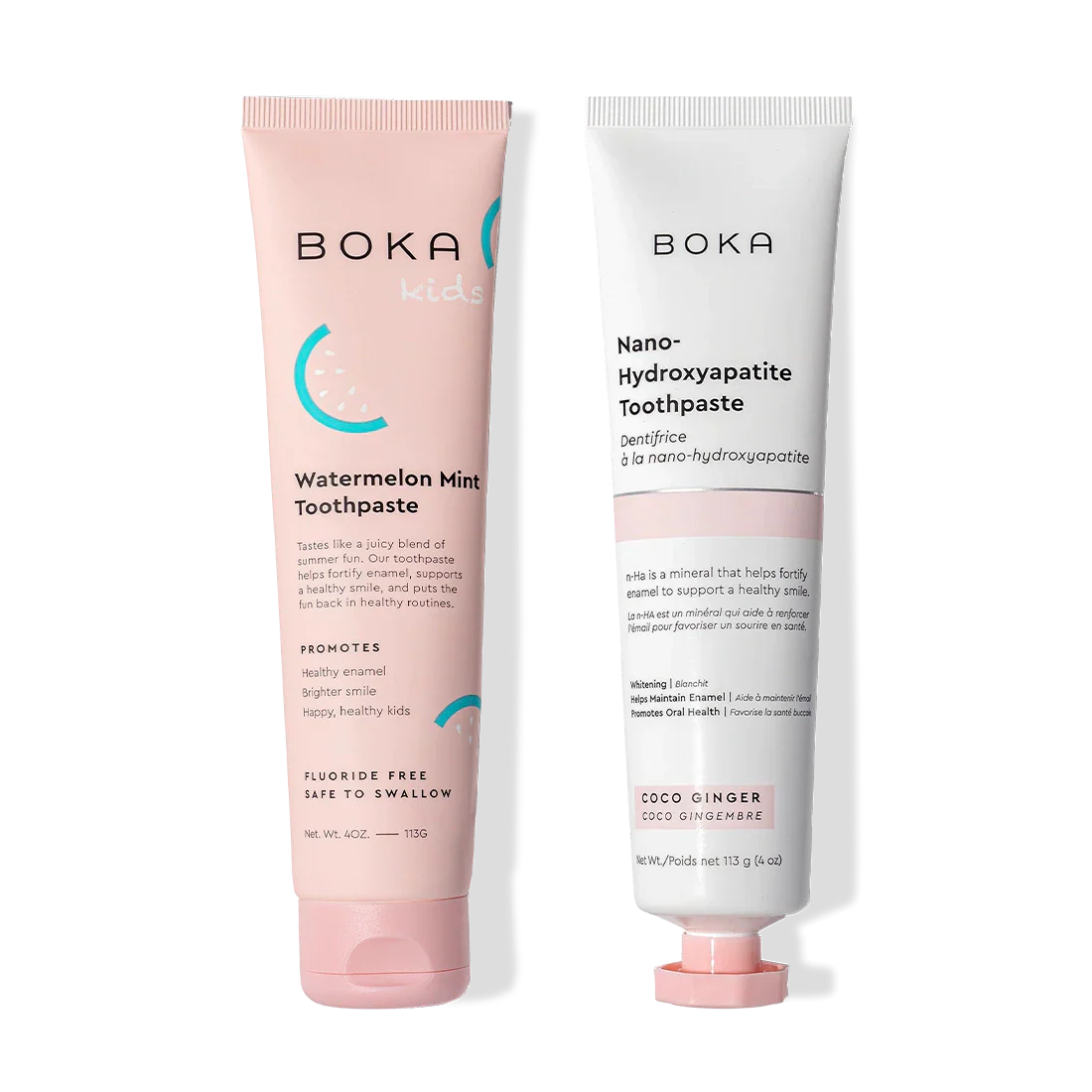 N-Ha Toothpaste 2-Pack: Watermelon Mint for kids, Coco Ginger with enamel-strengthening nano-hydroxyapatite.
