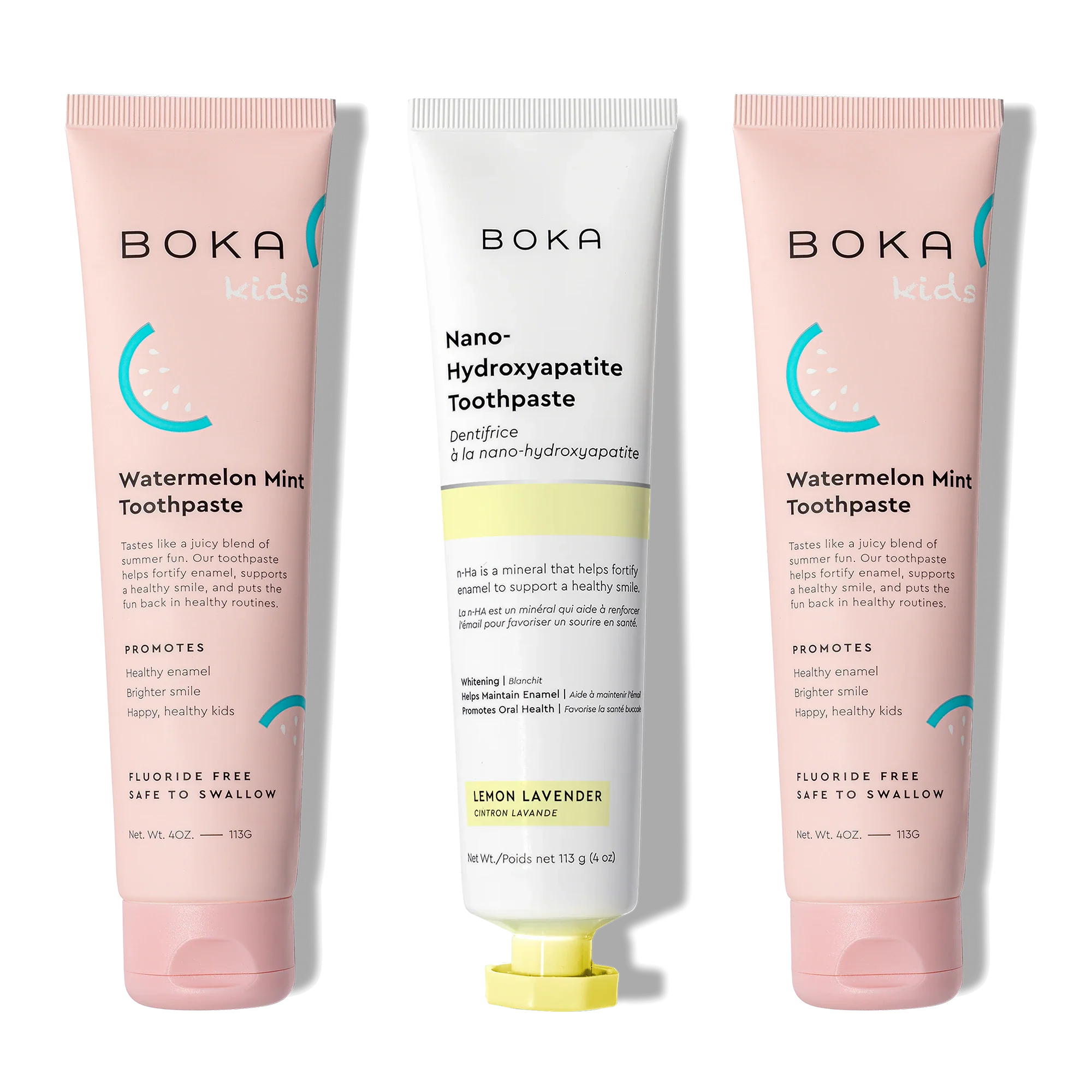 Three Boka toothpaste tubes on a white background