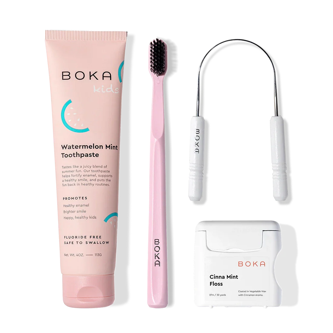 The Starter Kit includes kids watermelon mint n-Ha toothpaste, a pink charcoal brush, and Cinna Mint floss.