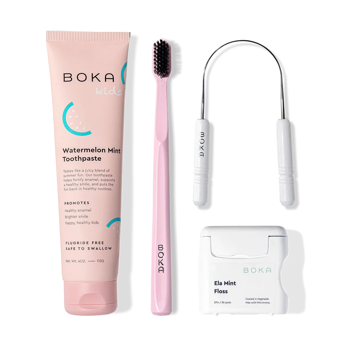Starter Kit: pink brush with charcoal bristles, tongue cleaner, mint floss & Boka n-Ha Toothpaste.