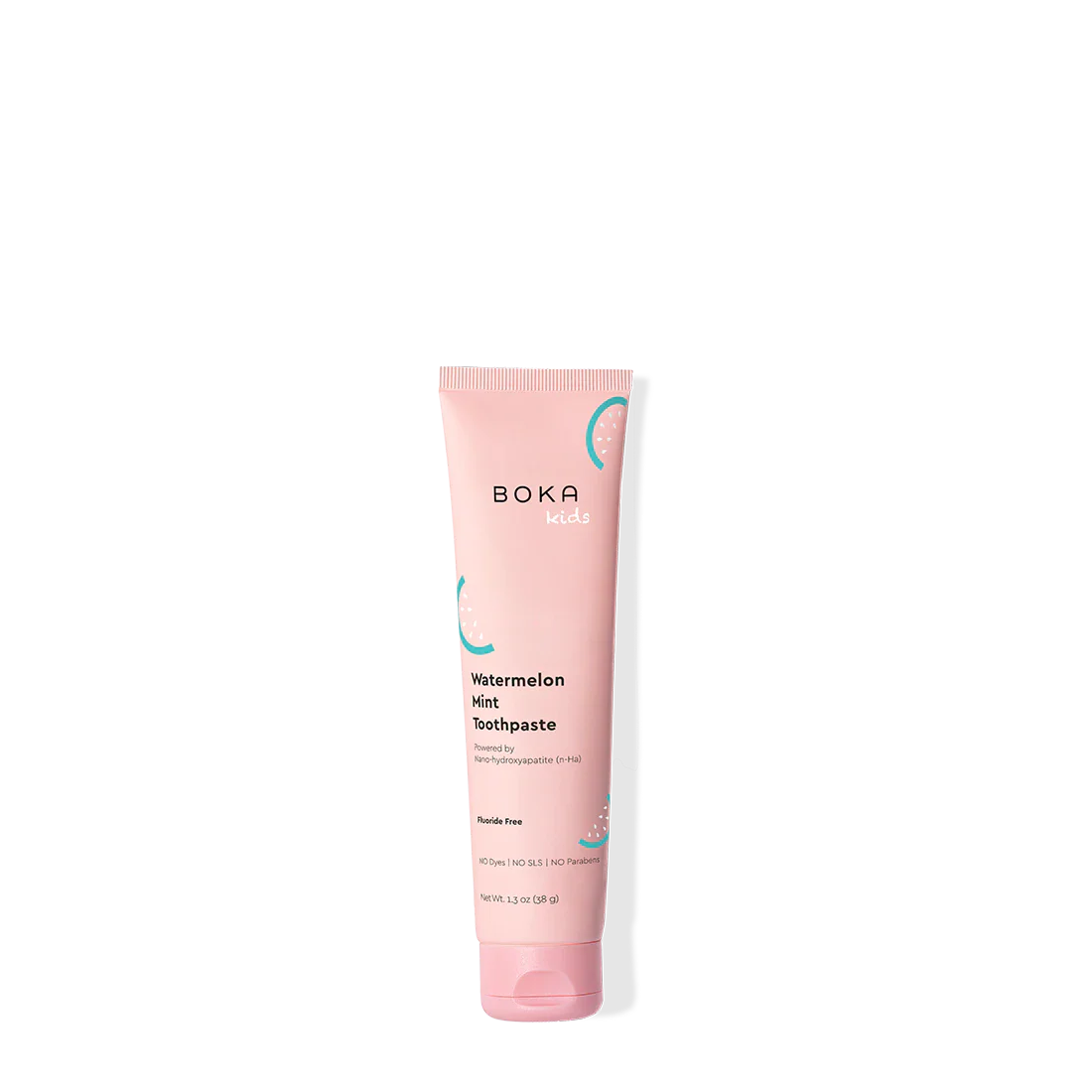 Pink tube of Boka toothpaste on a white background