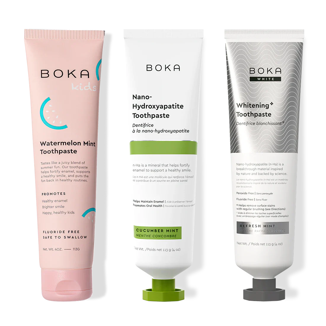 Three bottles of Boka Nano-Hydroxyapatite Toothpaste on a white background